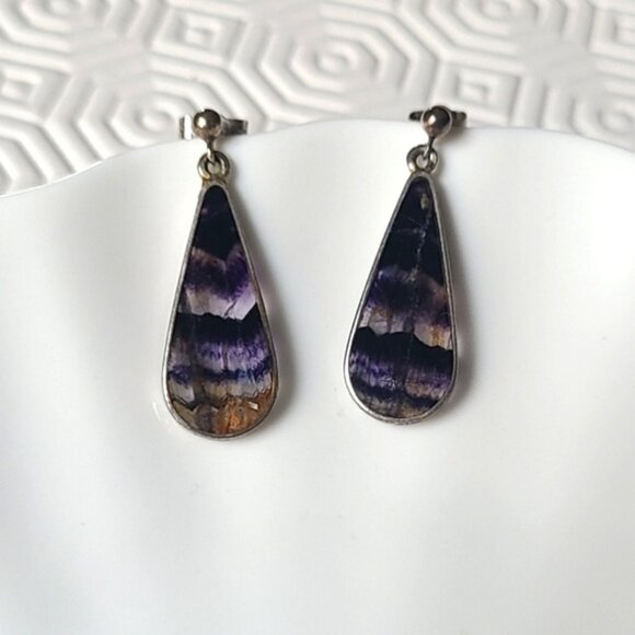 Vintage Boho Rare Sterling Silver Blue John Gemstone Purple Drop Dangle Earrings - Picture 4 of 10